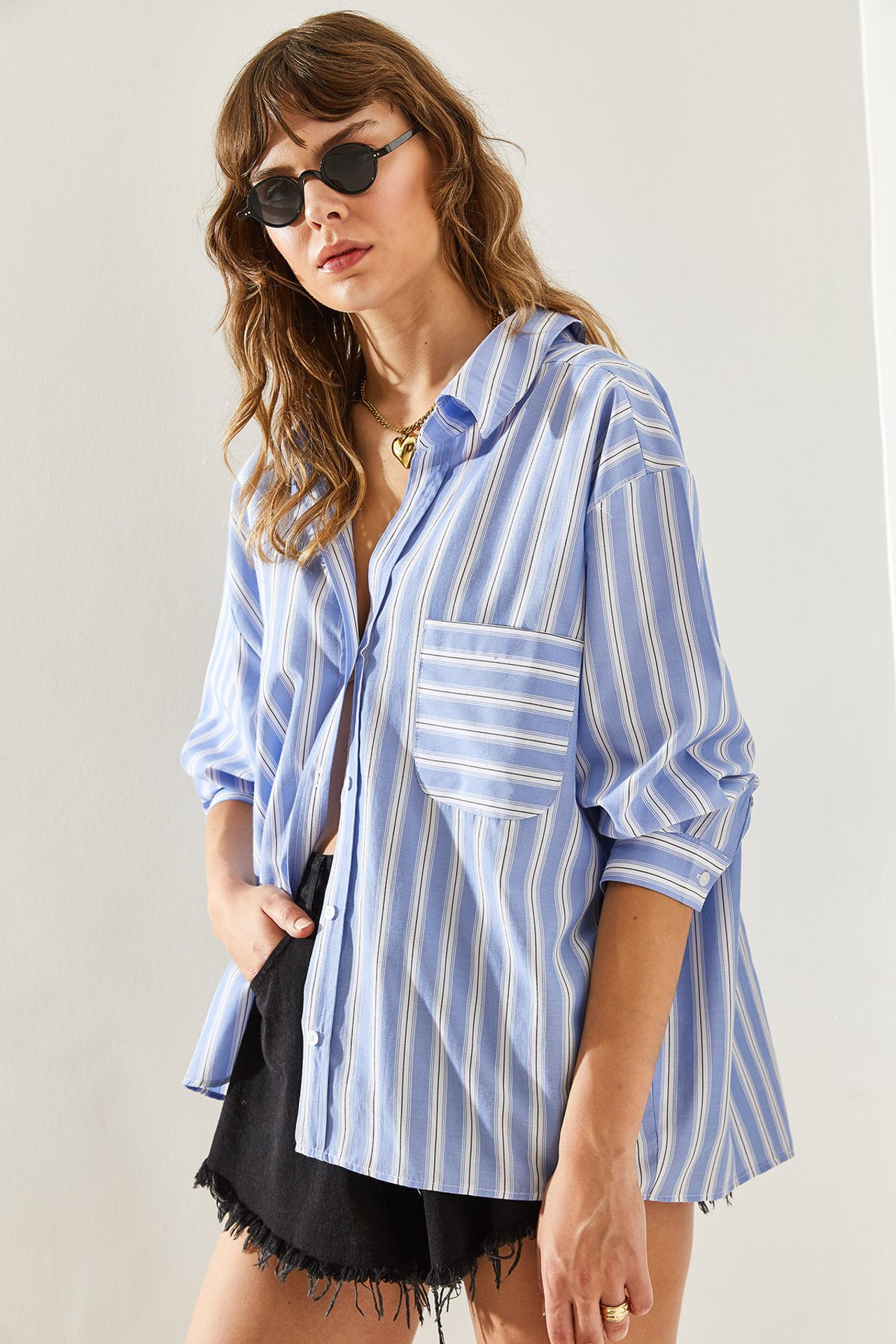 LUCCI Striped Oversized Button-Up Shirt
