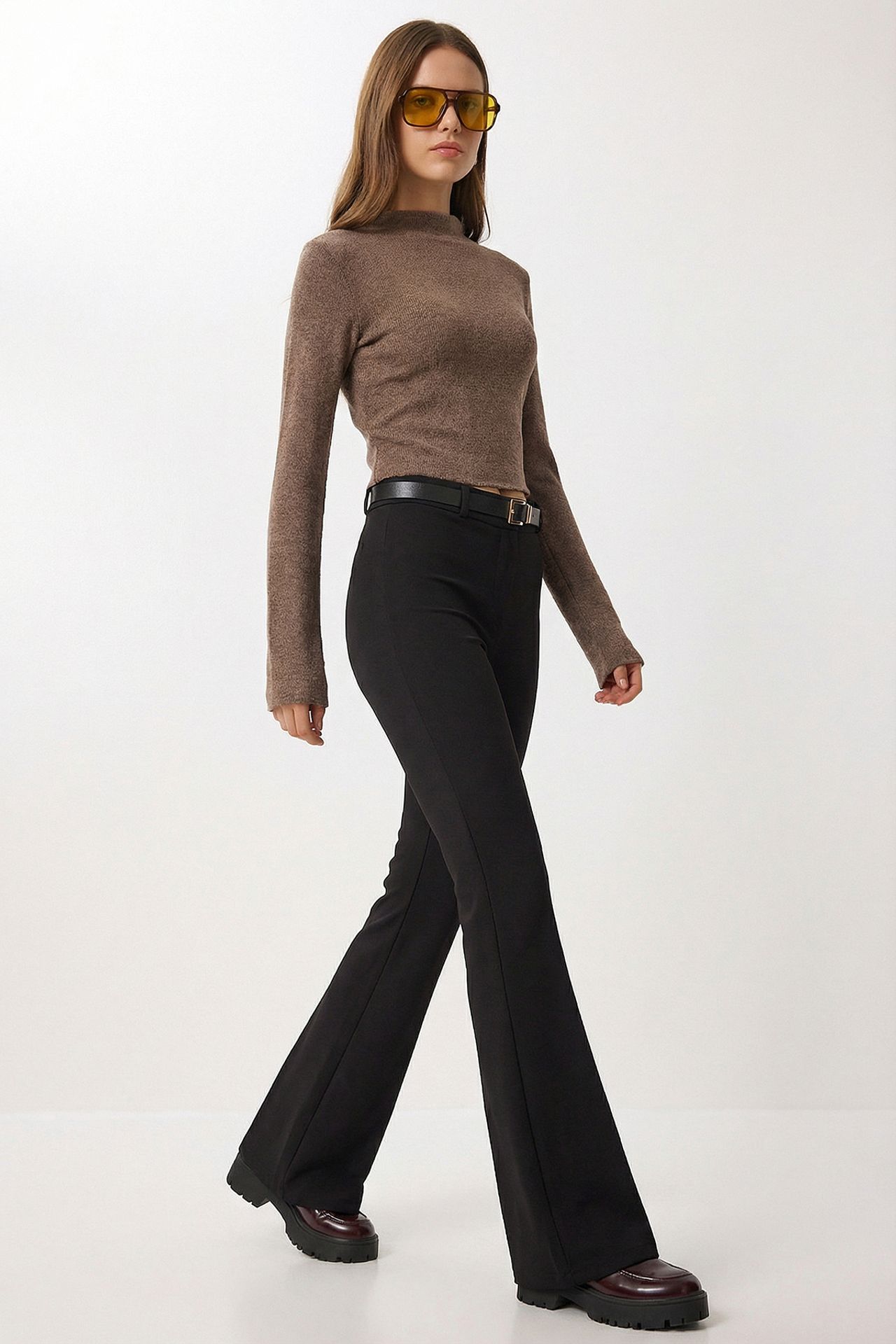 ISTANBUL High Waist Flare Leg Pants with Belt 2
