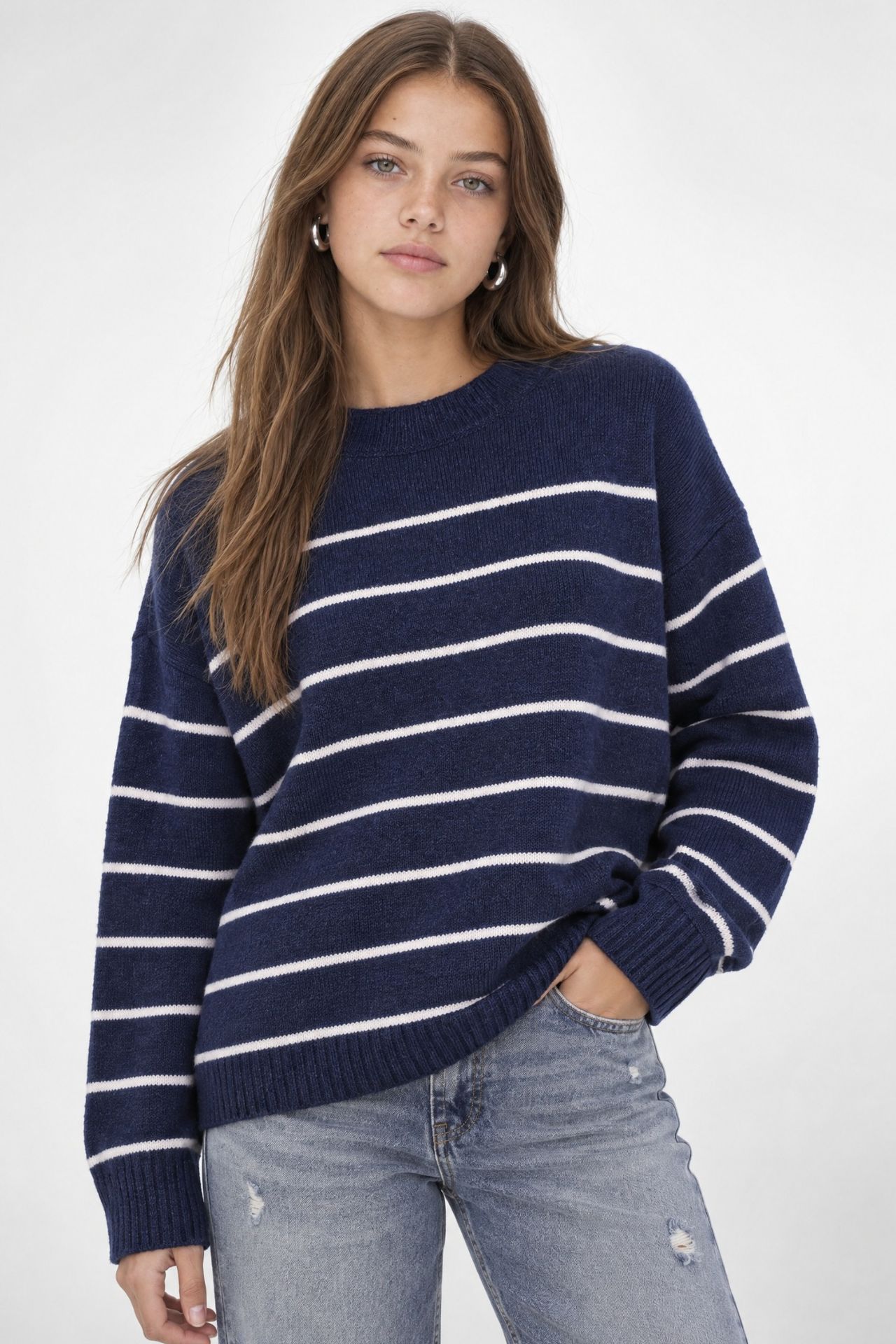 Striped Crew Neck Relaxed Knit Pullover Sweater 1