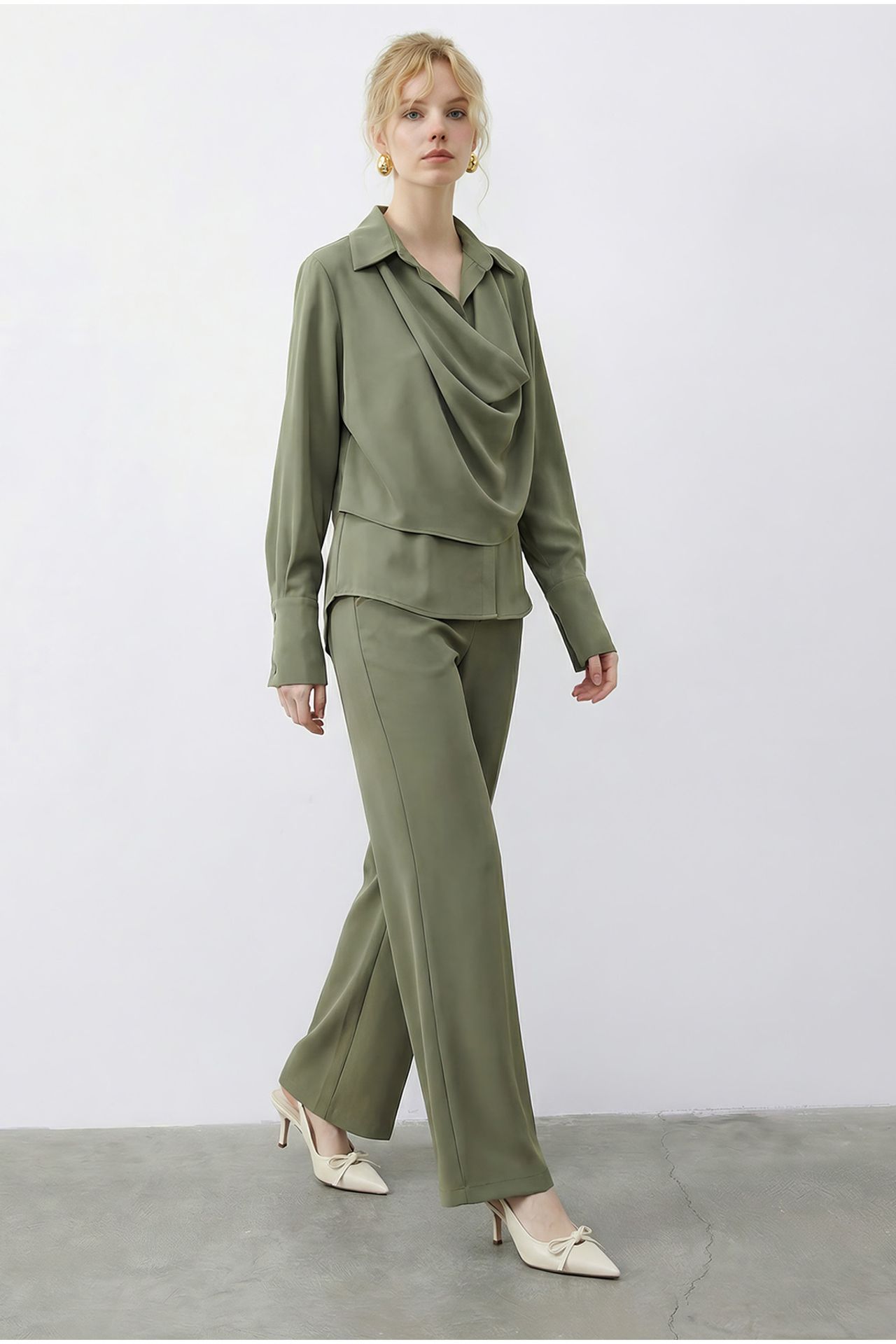 LUCCI Shawl Detailed Blouse and High Waist Wide Leg Pants Two-Piece Set 3