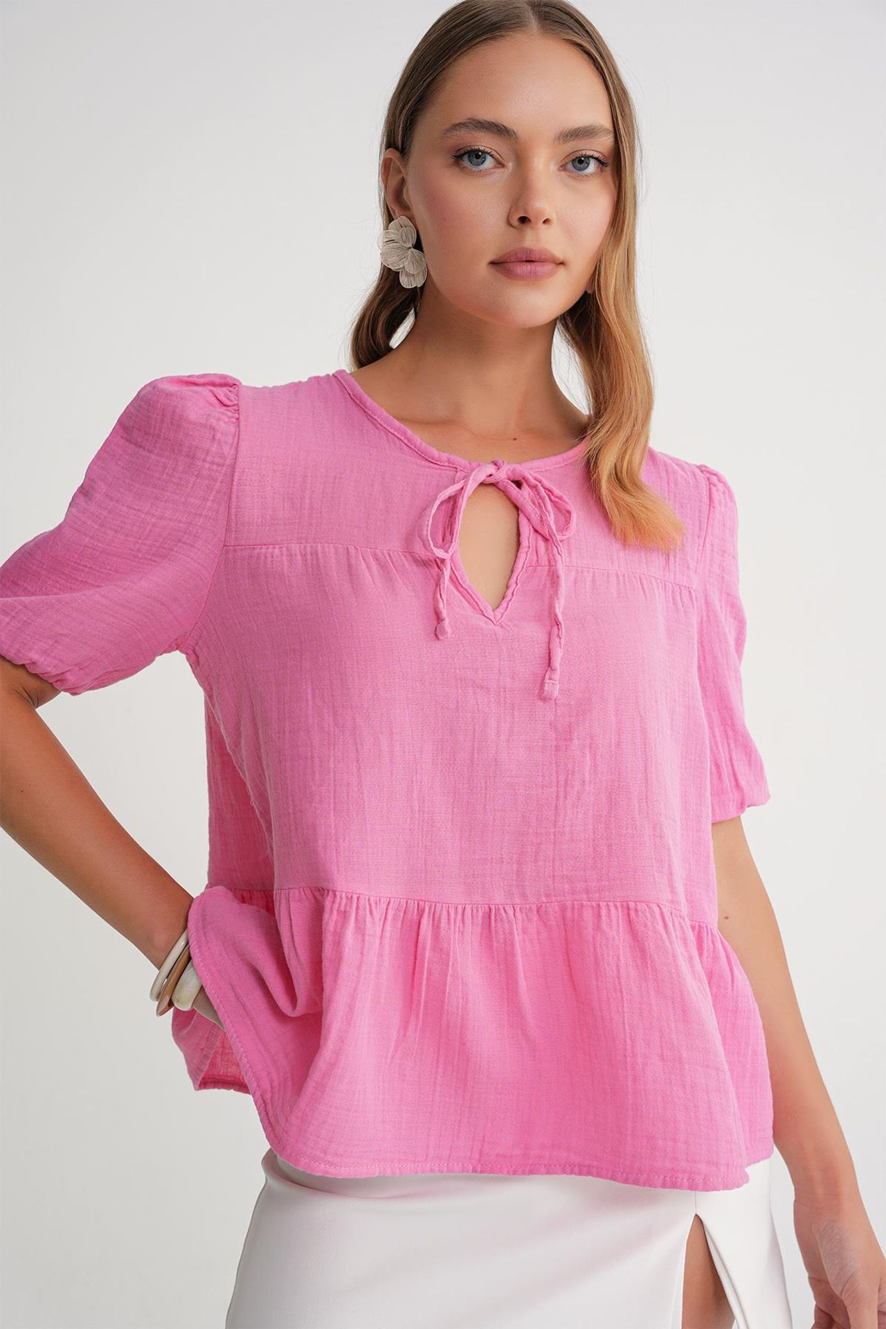 Mixray Textured Muslin Crew Neck Blouse with Binding Detail 1