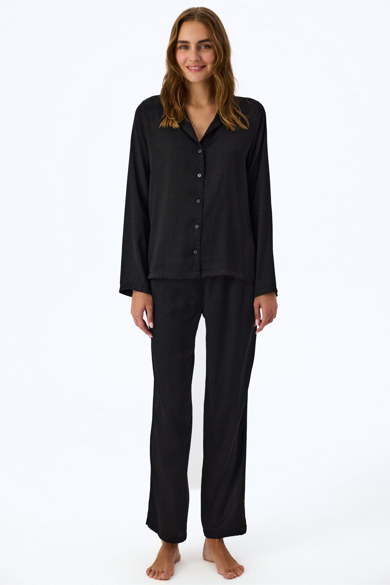 PENTI Fleur Satin Snake Print Long Sleeve Shirt Trousers Pajama Set 1