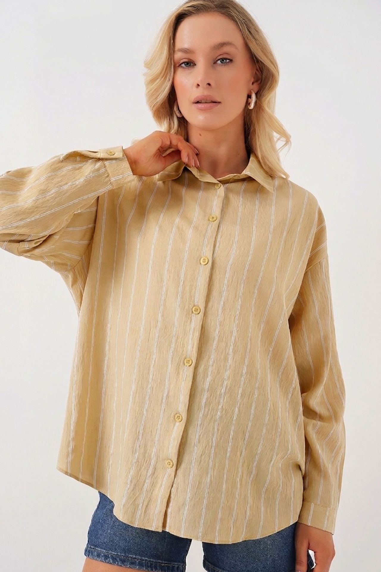 BDART Textured Striped Oversized Shirt with Button Closure 1