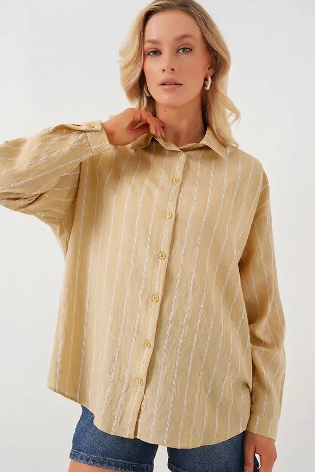 BDART Textured Striped Oversized Shirt with Button Closure