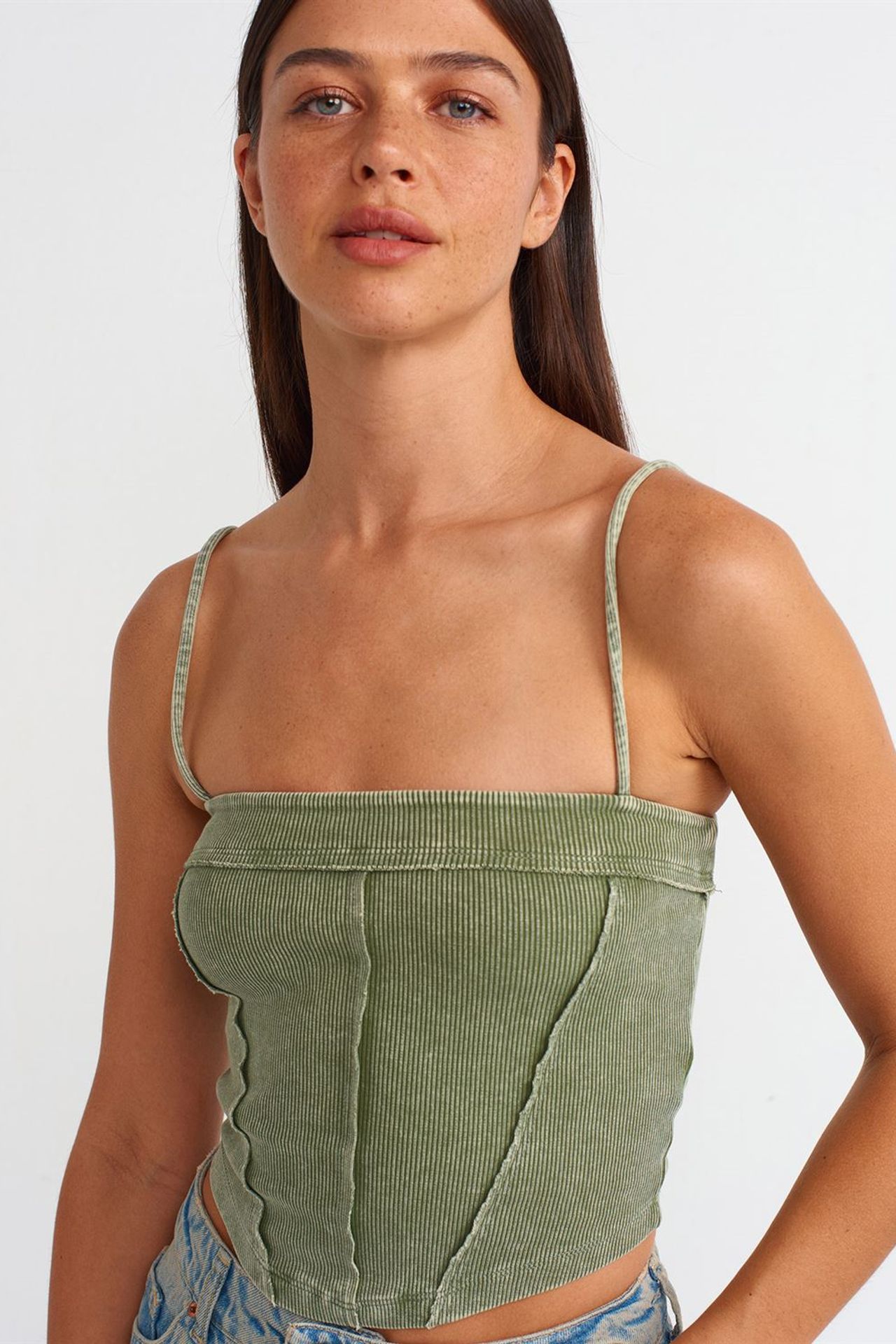 DILVIN Kare Yaka Fitilli Crop Bluz 4