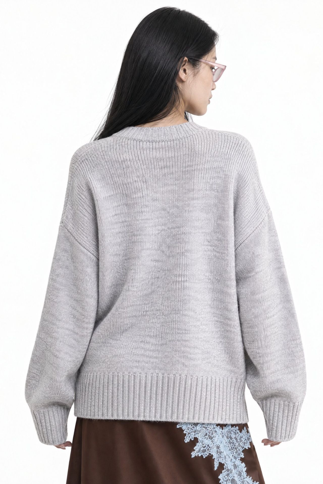 Mixray Oversized Ribbed Knit Sweater with Crew Neck 3