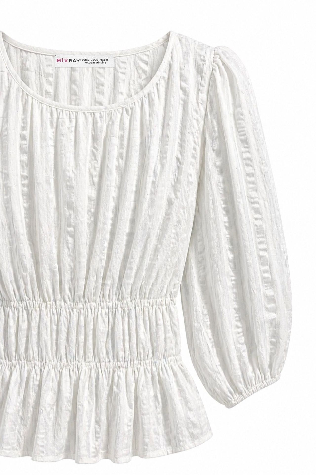 MIXRAY Textured U Collar Three Quarter Sleeve Peplum Blouse 2