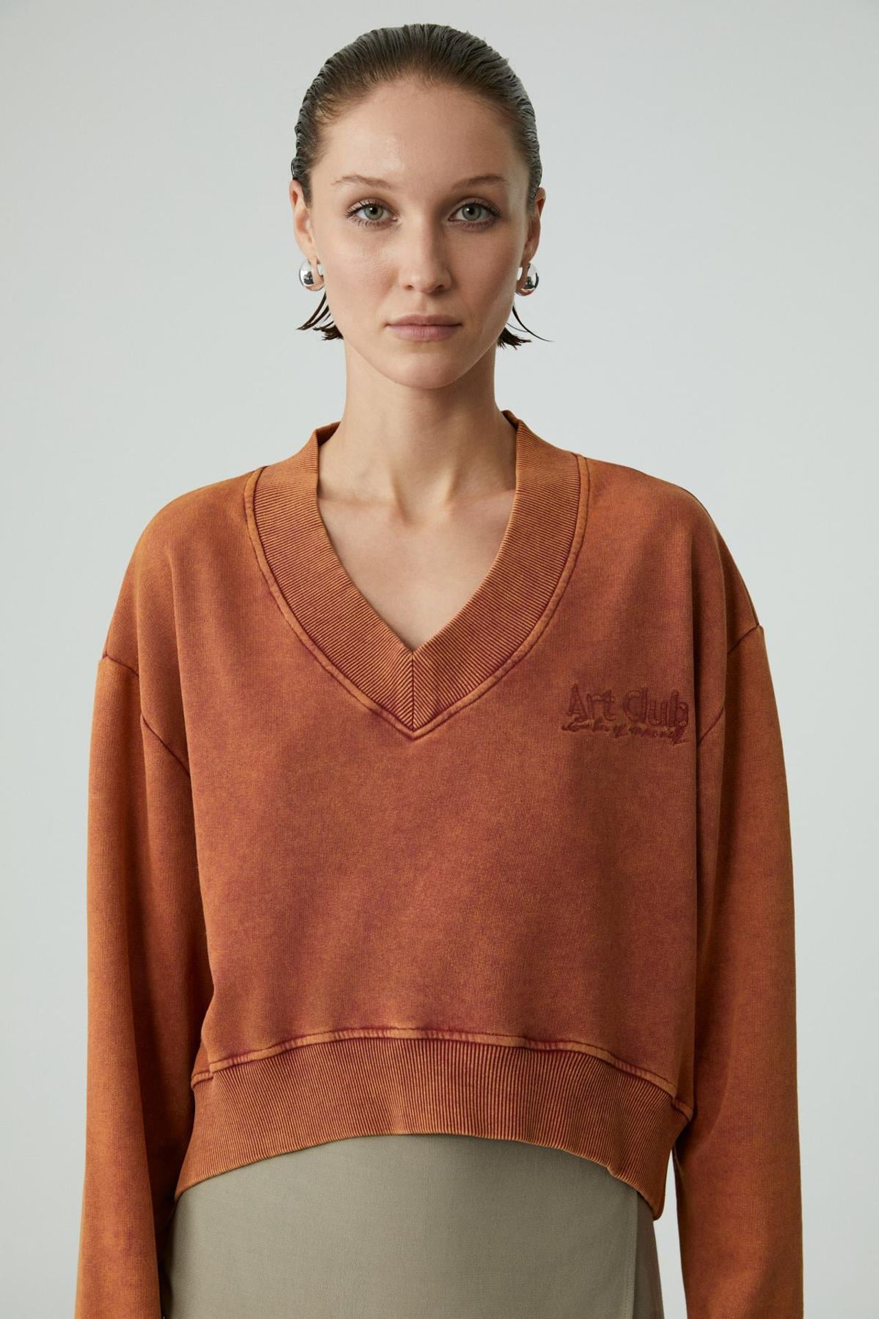 GRIMELANGE Bol Kesim V Yaka Kısa Sweatshirt 2