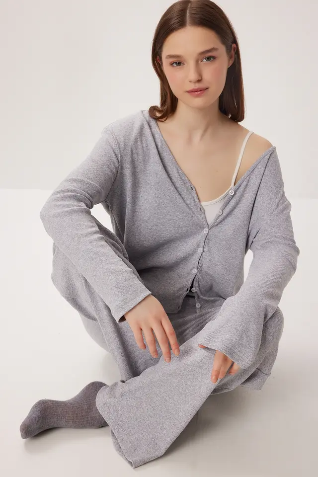ISTANBUL V-neck Buttoned Long Cardigan and Pants Pajama Set