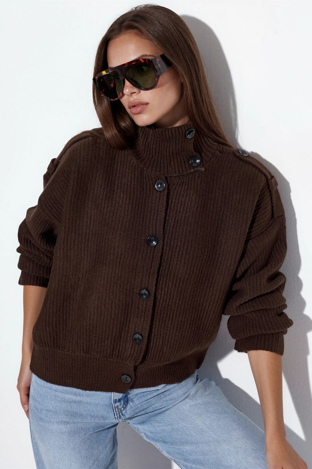 VIORNA Ribbed Half-Turtleneck Button Cardigan 1