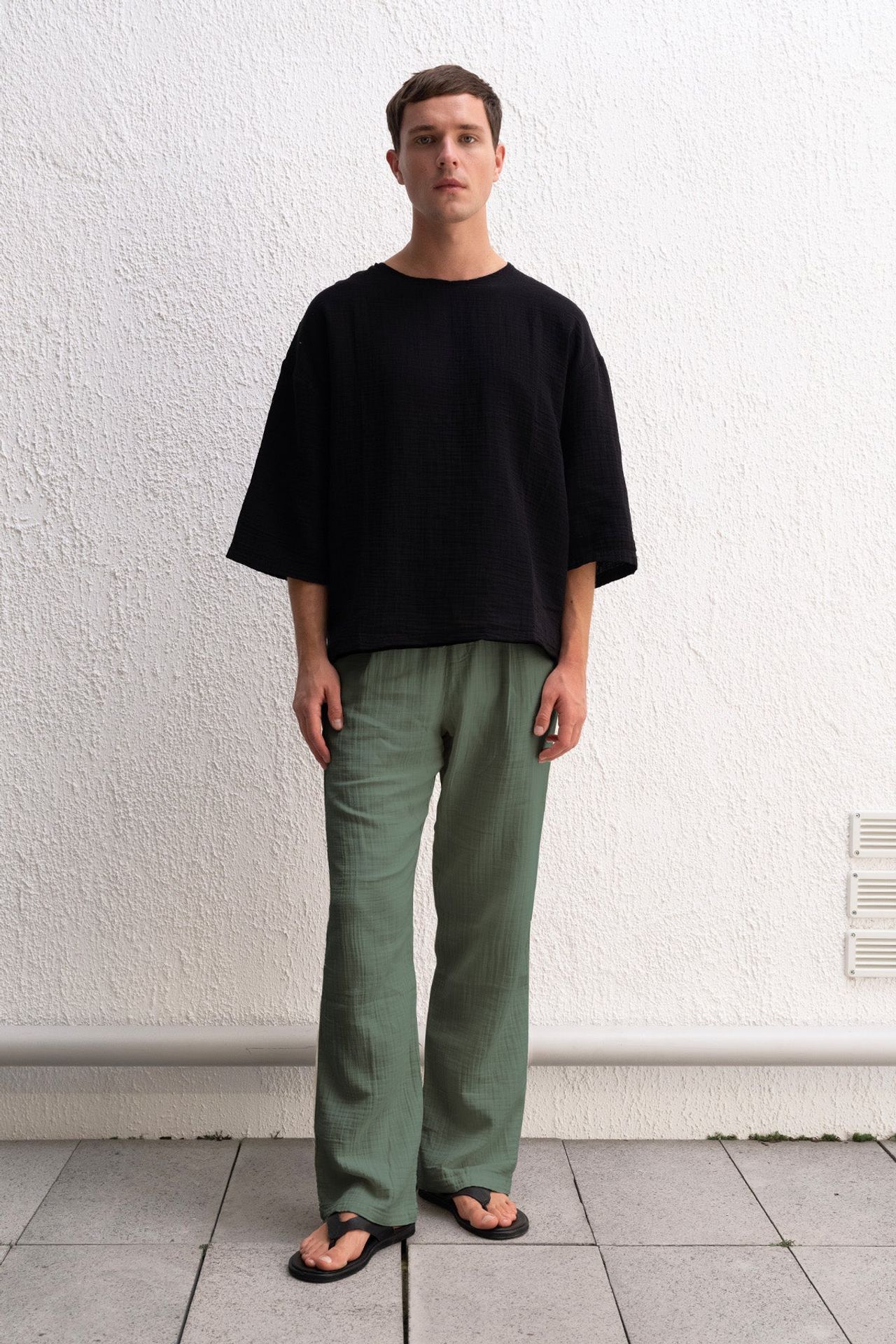 GIESTO Textured Cotton Drawstring Waist Straight Leg Pants 4