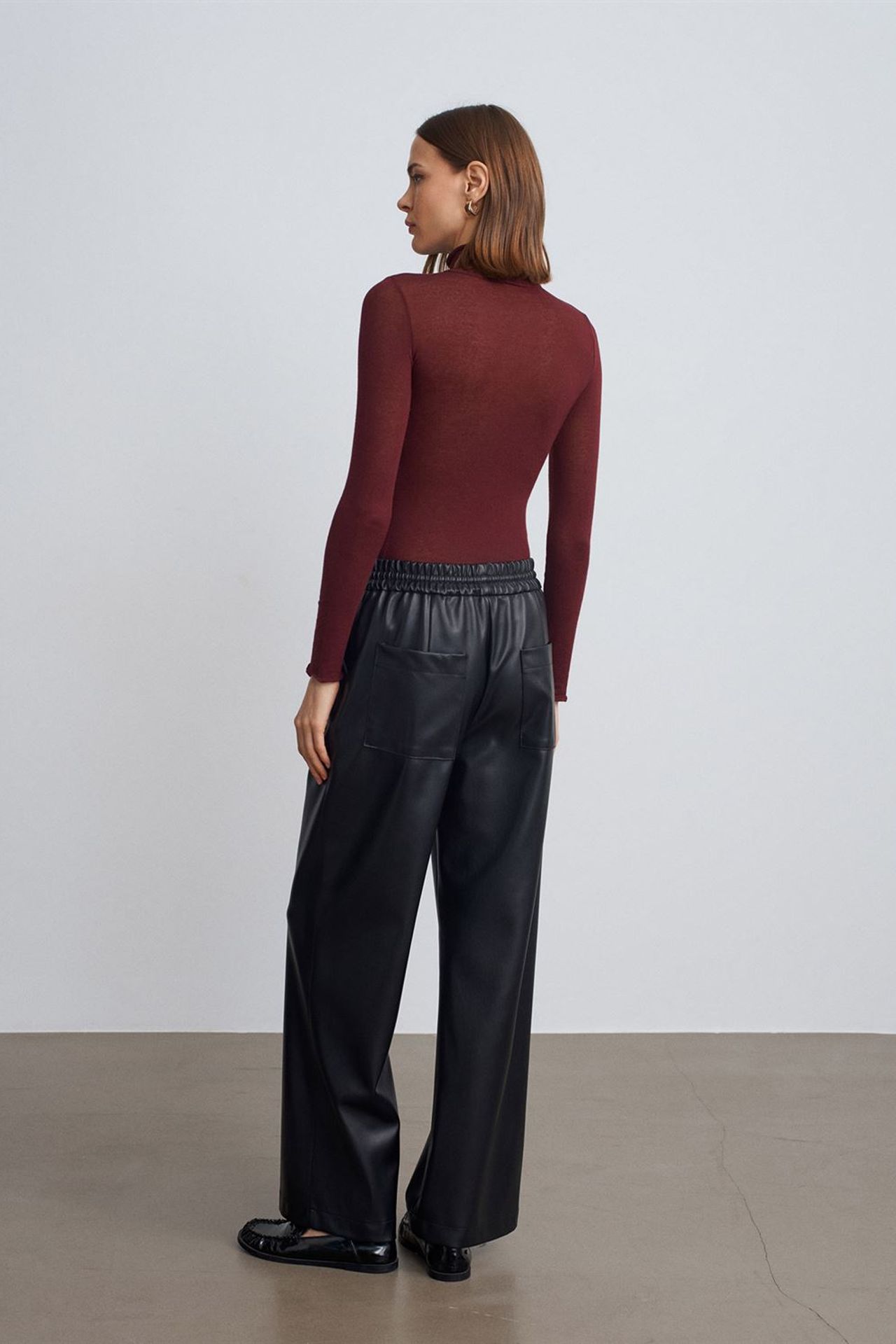 DILVIN Kadın Geniş Paça Suni Deri Pantolon 2