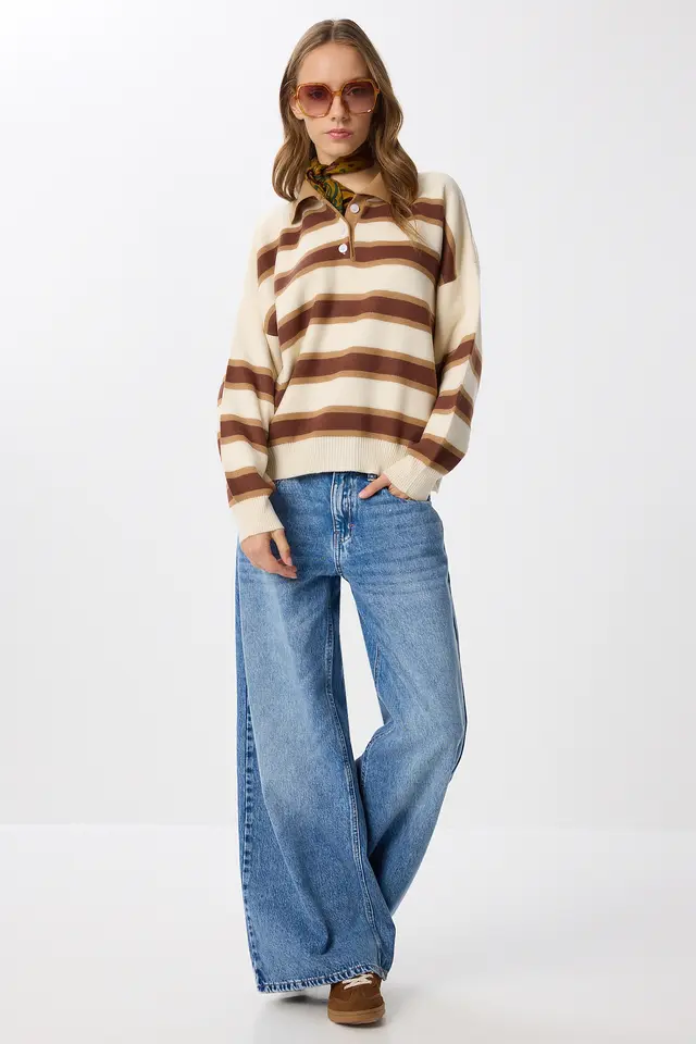 ISTANBUL Striped Sweater with Polo Collar