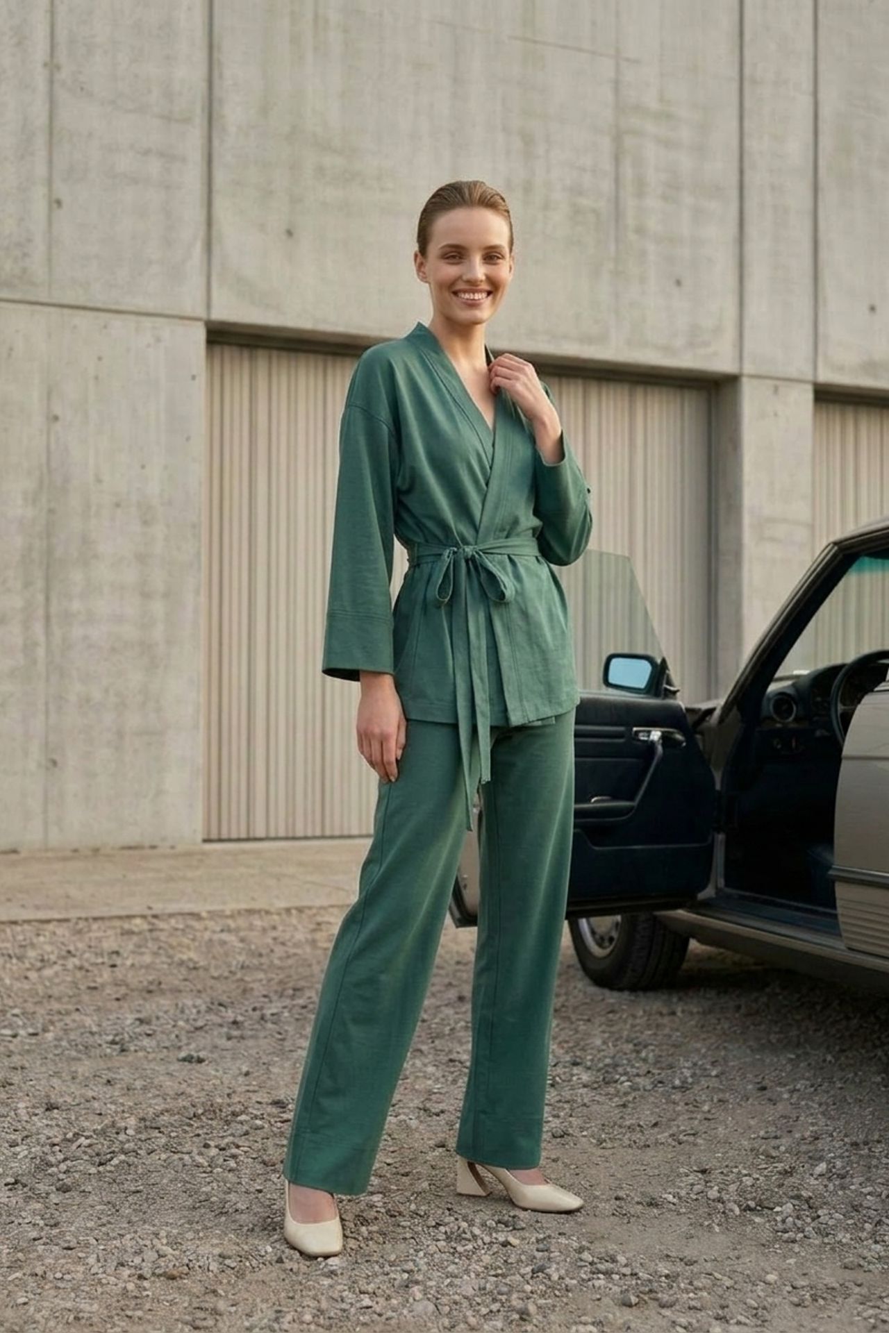 MY FASHION Belted V-neck Long Sleeve Two-Piece Set 2