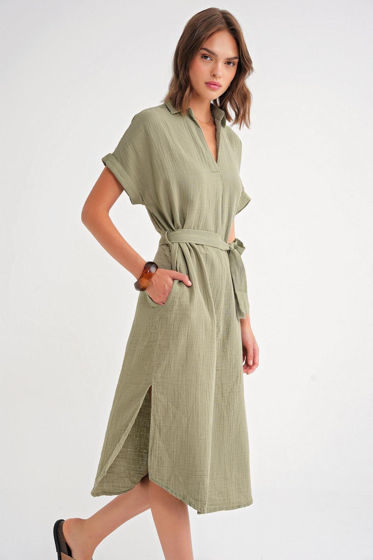 Mixray Belted Short-Sleeve Midi Dress 3