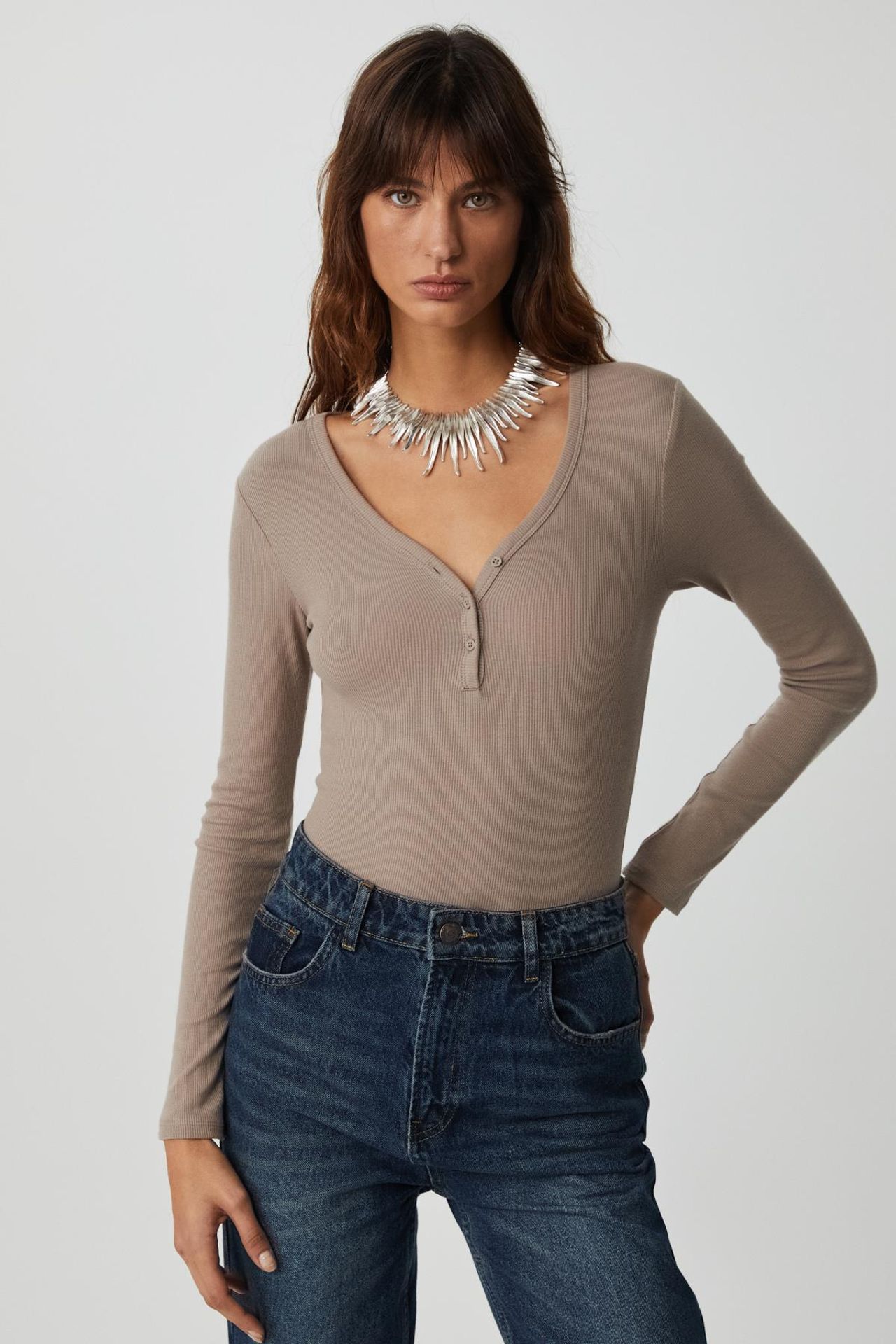 GRIMELANGE Ribbed V-Neck Button Blouse 2