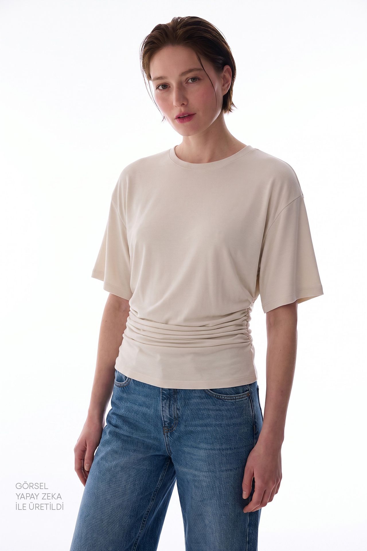 PENTI Women's Modal Waist Detail Textured T-Shirt With Gathers 1