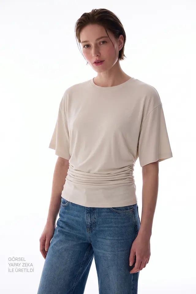PENTI Women's Modal Waist Detail Textured T-Shirt With Gathers