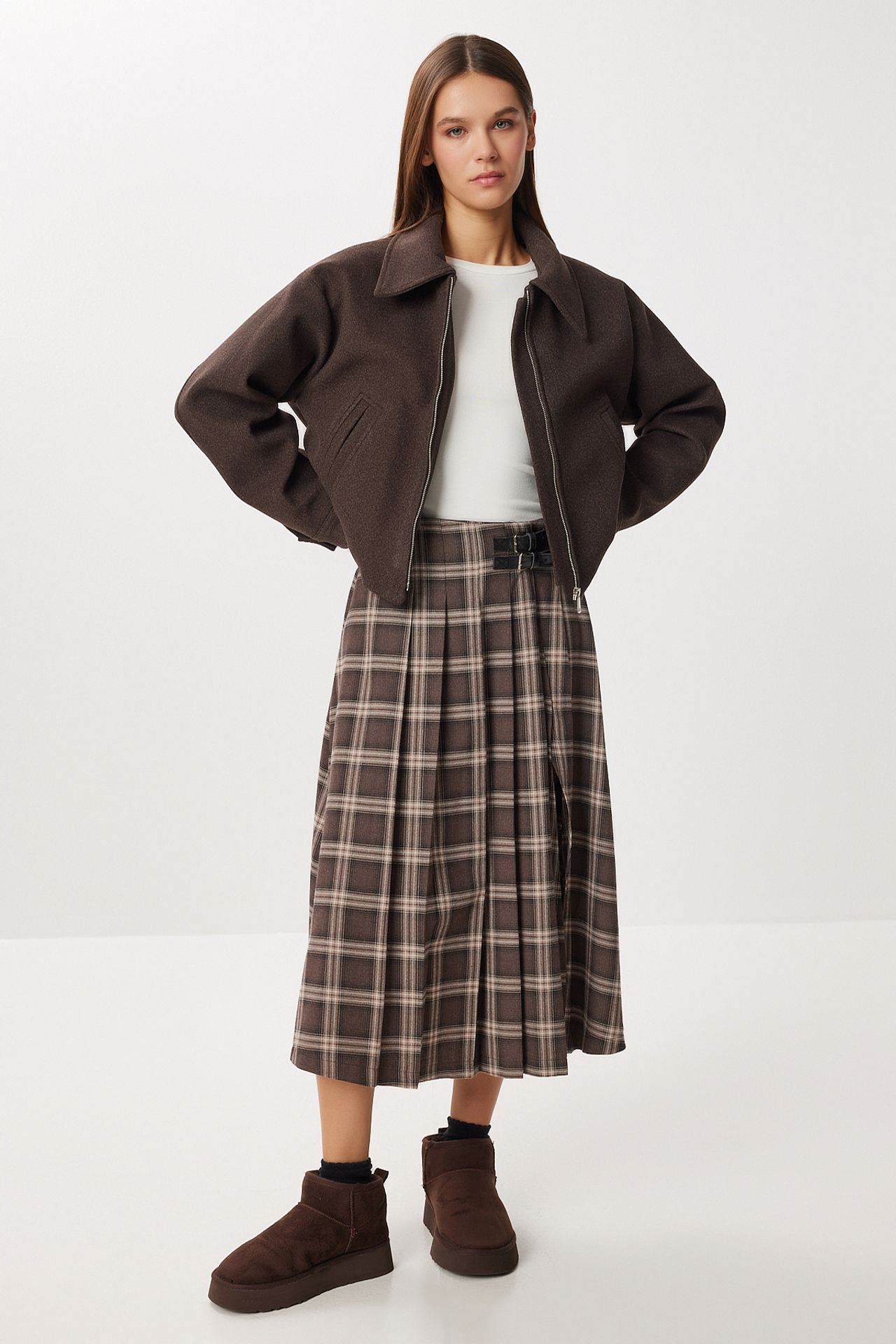 ISTANBUL Belt Detailed High Waist Long Plaid Skirt 1