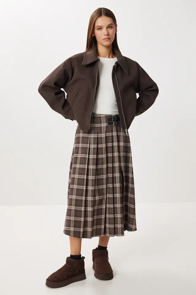 ISTANBUL Belt Detailed High Waist Long Plaid Skirt