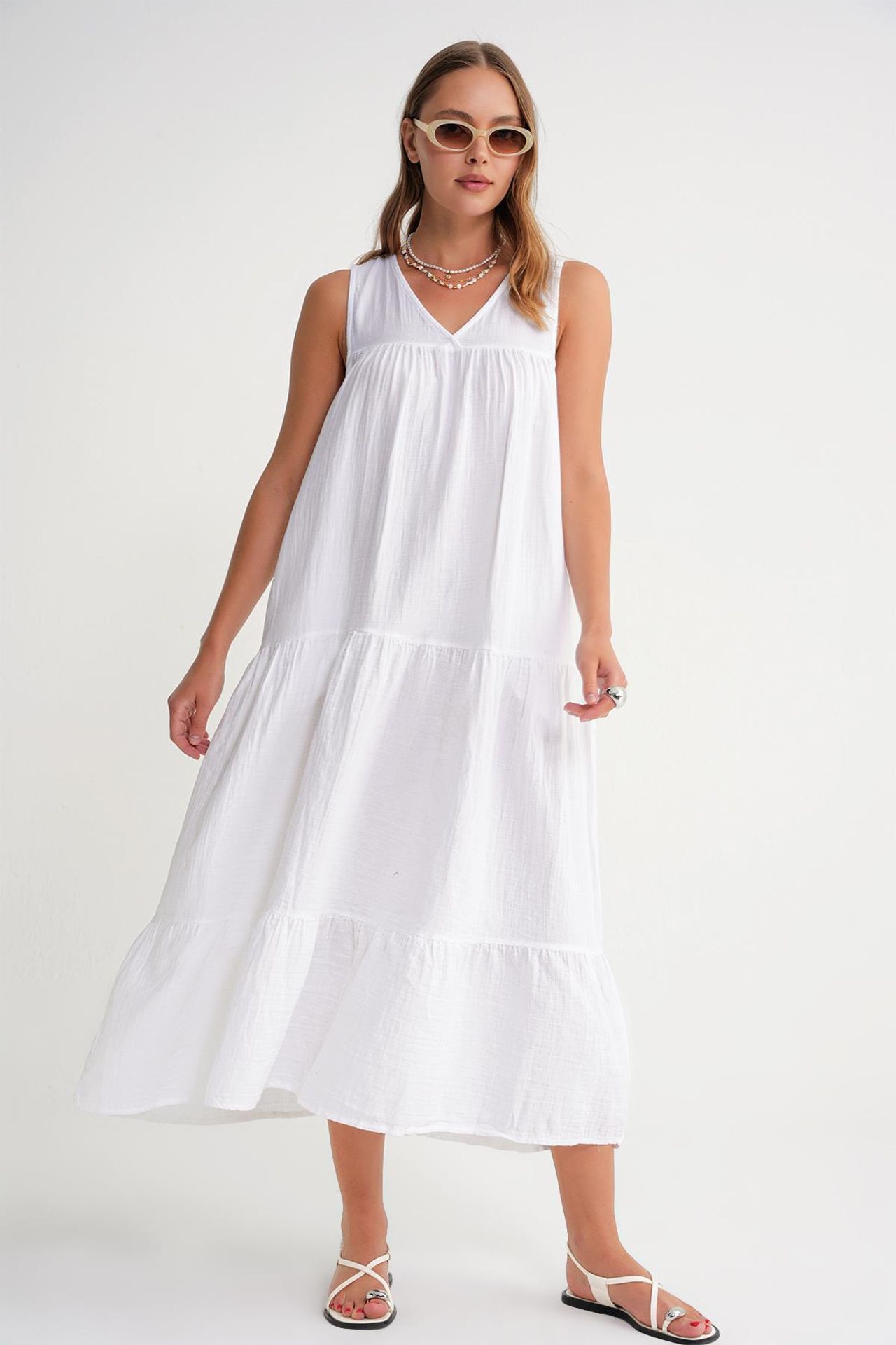 Mixray Sleeveless V-Neck Muslin Midi Dress with Pockets 2