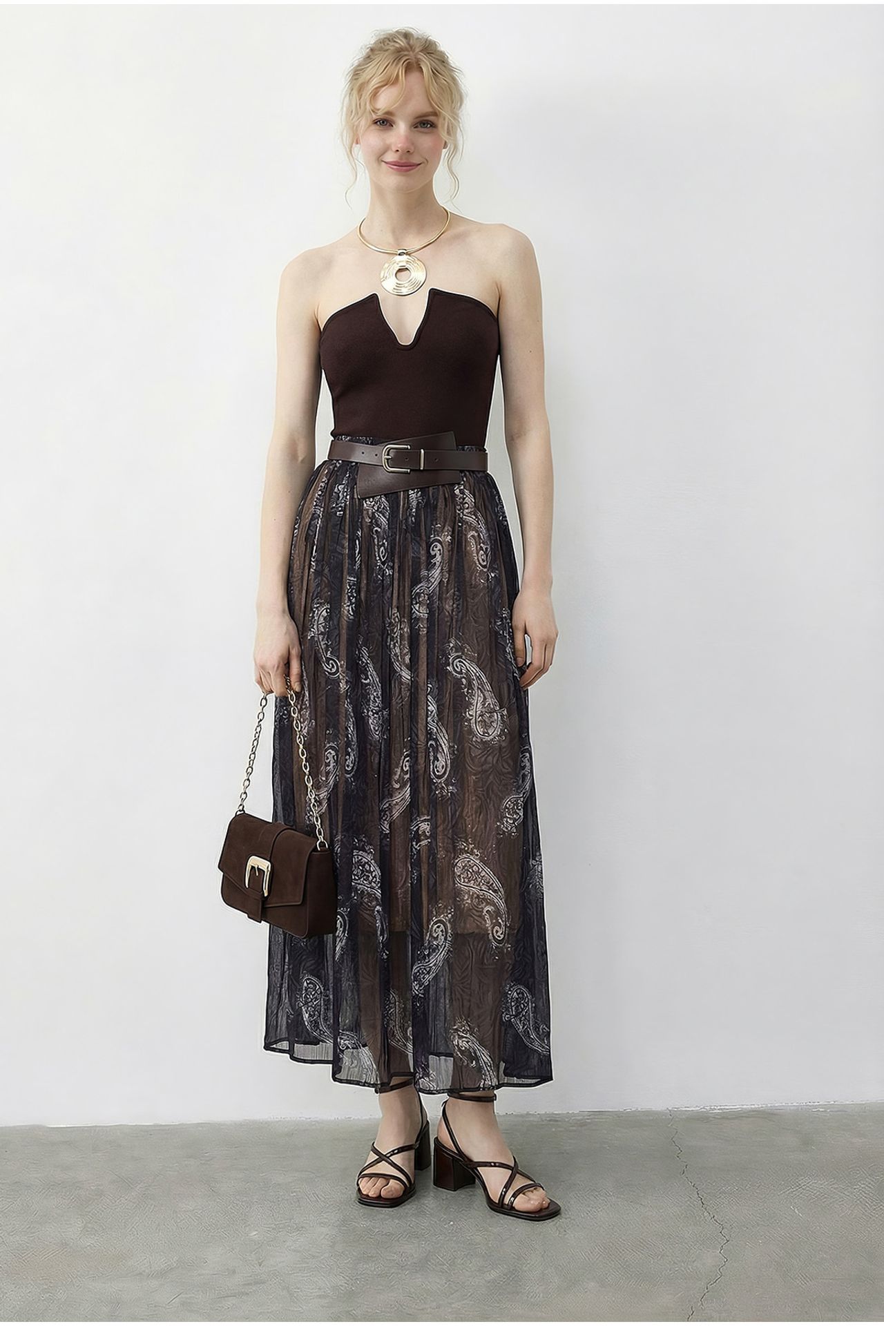 LUCCI High Waist Paisley Maxi Skirt with Belt 4
