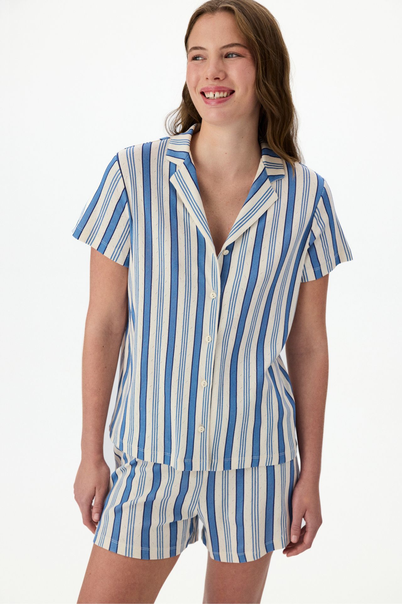 PENTI Striped Pointelle Short Sleeve Shirt Shorts Pajama Set 1