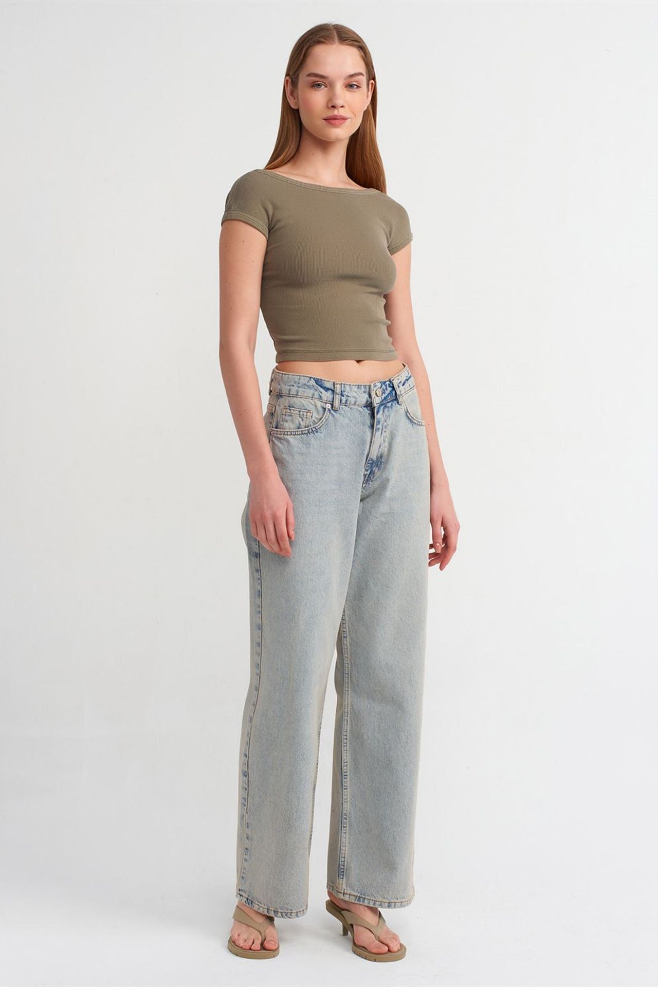 DILVIN Orta Bel Geniş Paça Pamuklu Denim Jean 1