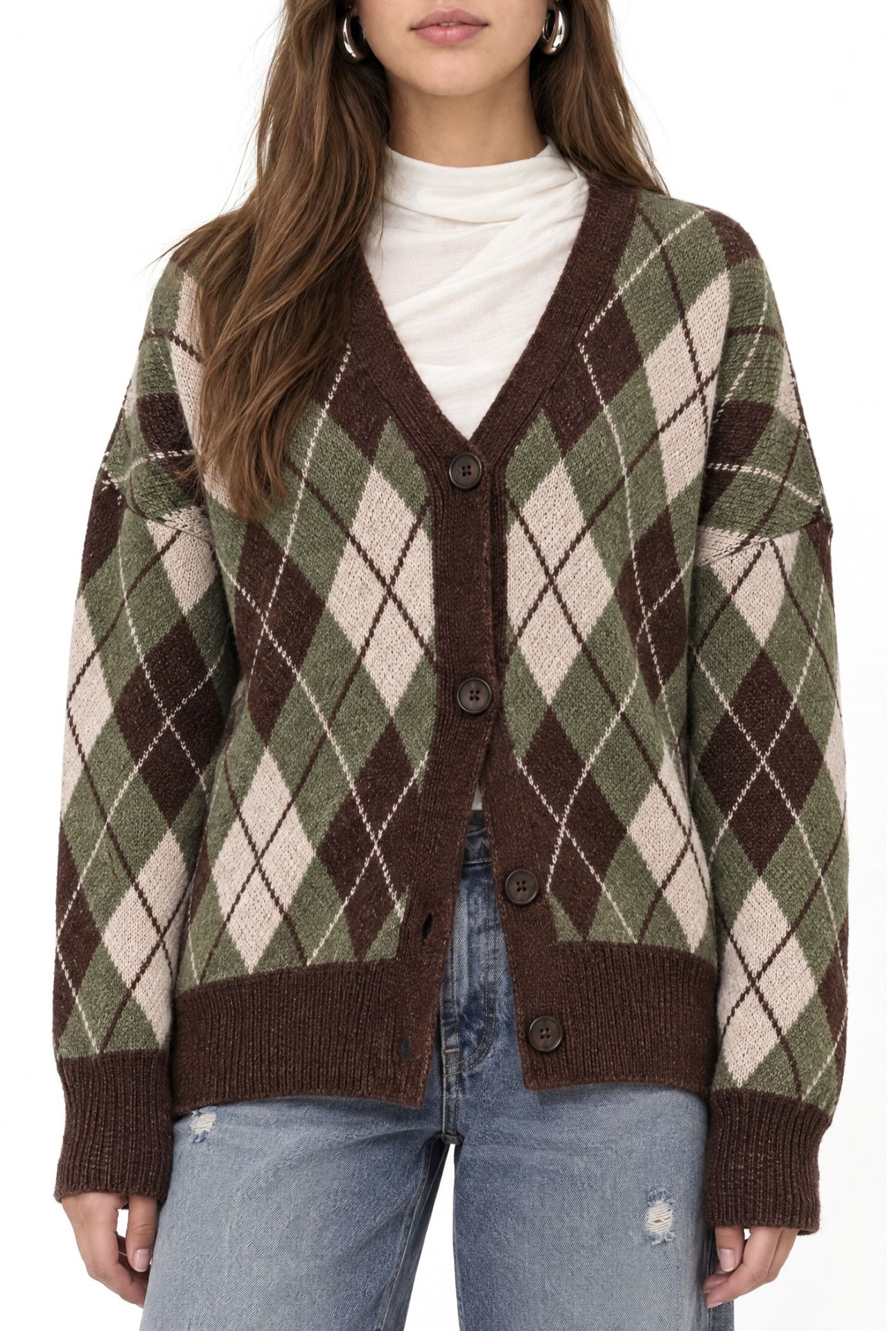 Mixray Oversize Argyle V-Neck Buttoned Cardigan 3