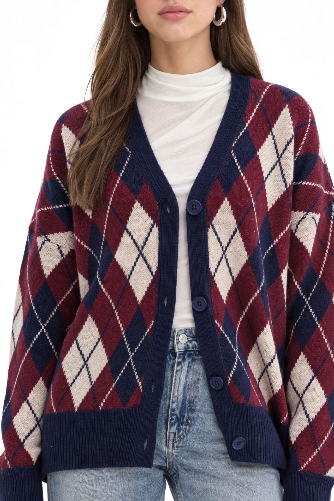 Mixray Oversize Argyle V-Neck Buttoned Cardigan 4