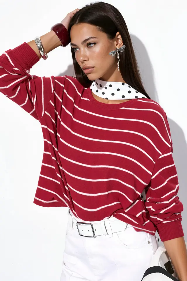 BUSEM Striped Ribbed Crew Neck Sweater