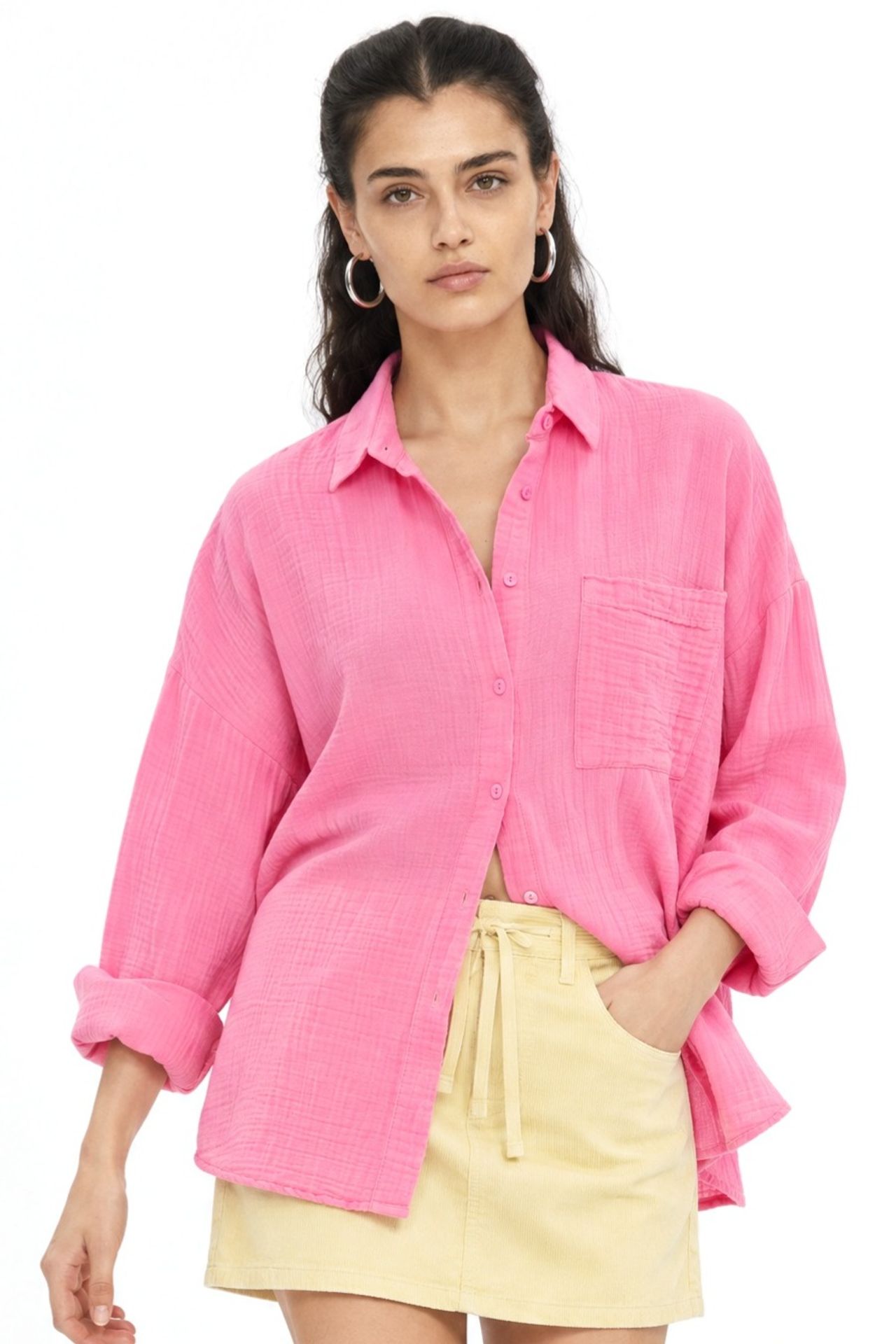 MIXRAY Oversized Linen Blended Button-Up Shirt with Pocket 1