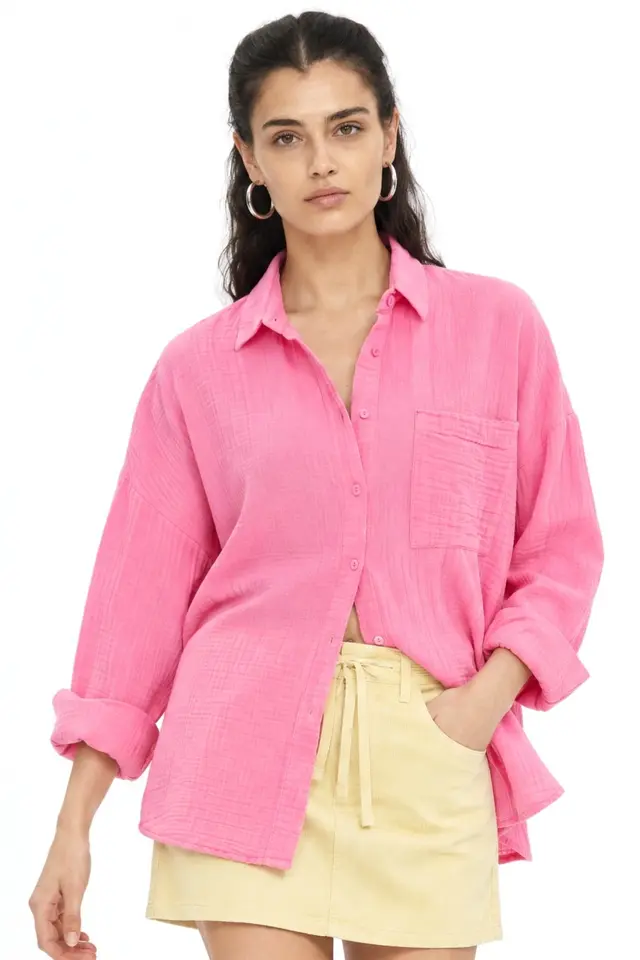 MIXRAY Oversized Linen Blended Button-Up Shirt with Pocket