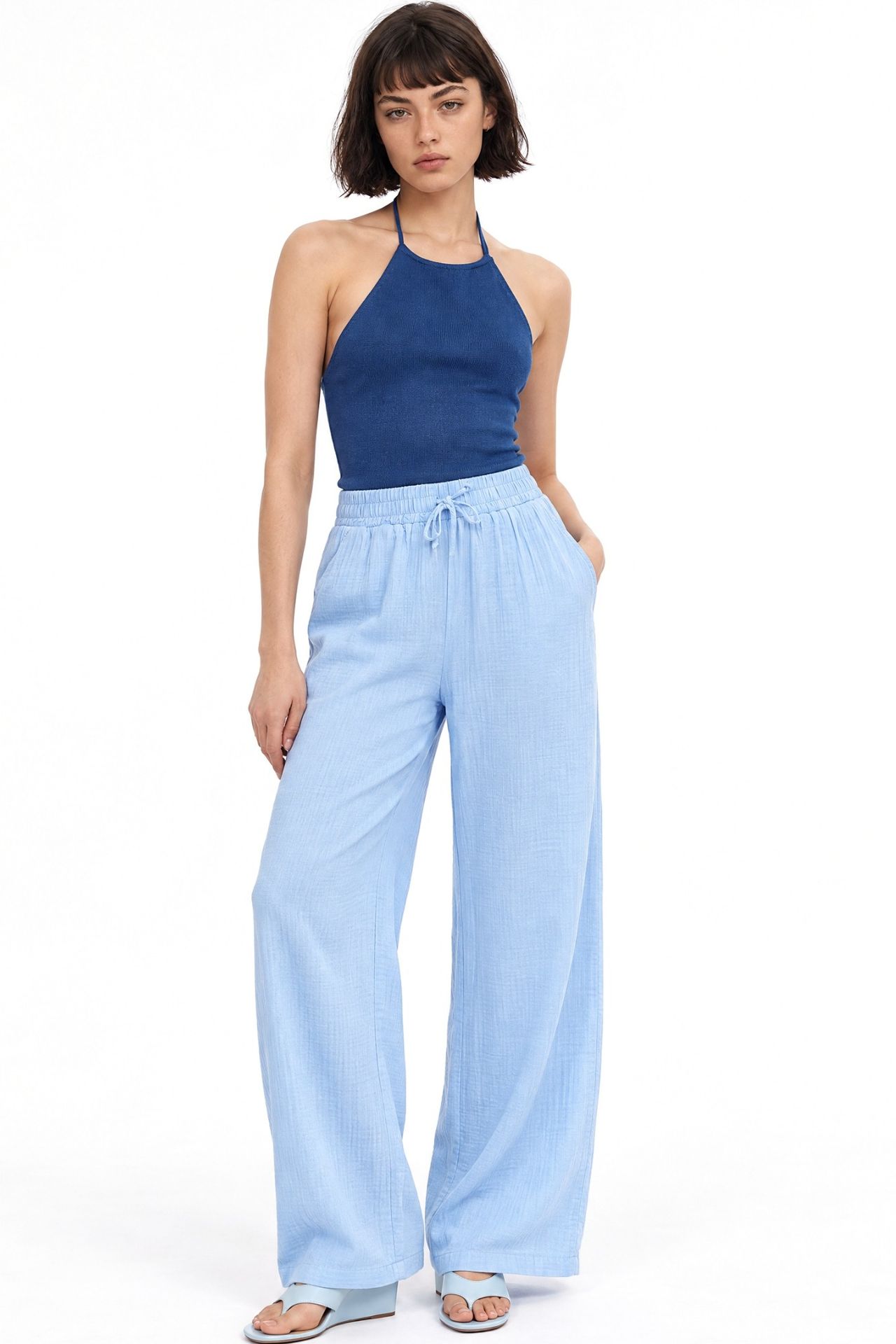 Mixray High Waist Textured Muslin Fabric Pants 4