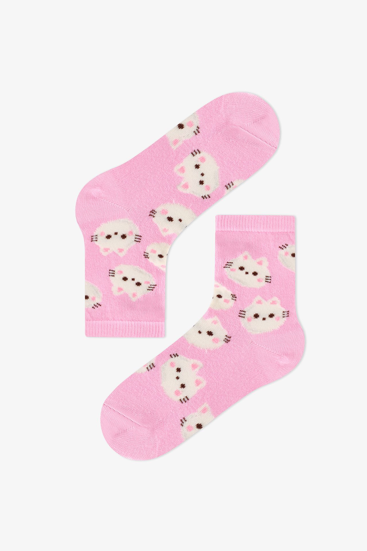 PENTI Girls' Fluffy Cat Pattern Cotton 2-Pack Ankle Socks 5