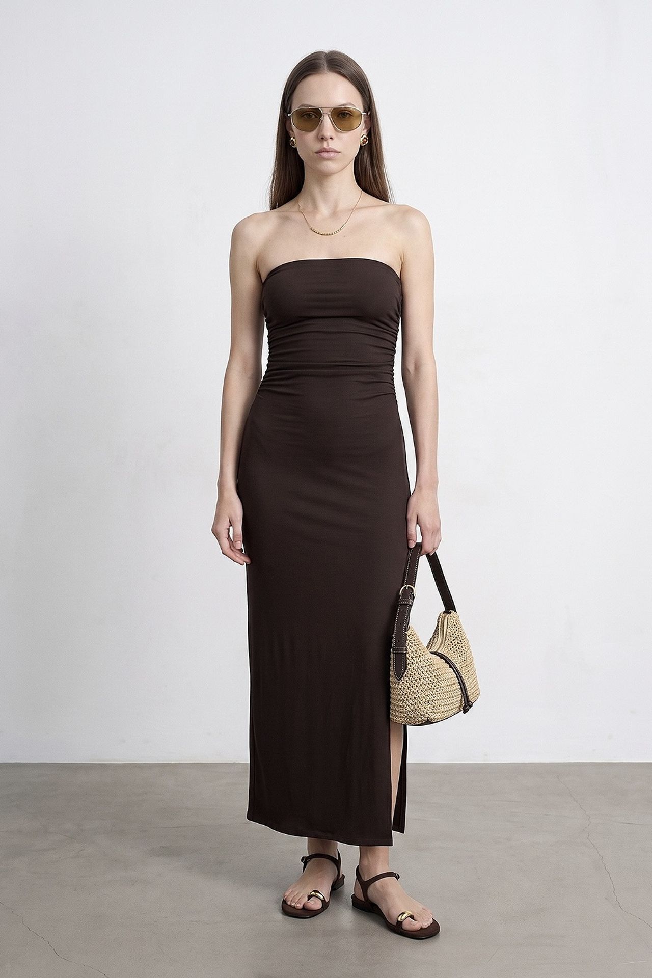 DILVIN Askısız Yırtmaçlı Uzun Bodycon Elbise 2