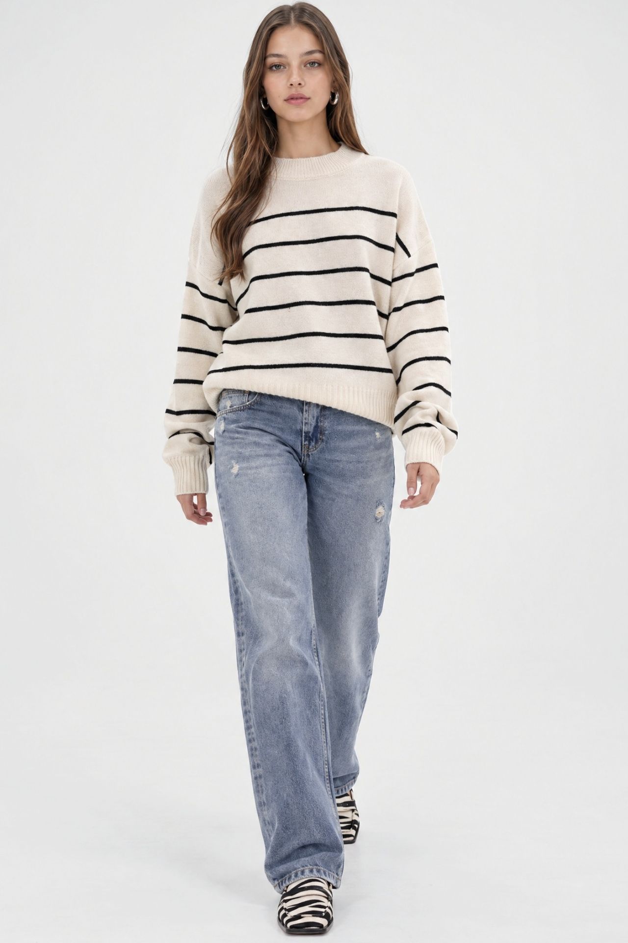 Striped Crew Neck Relaxed Knit Pullover Sweater 2