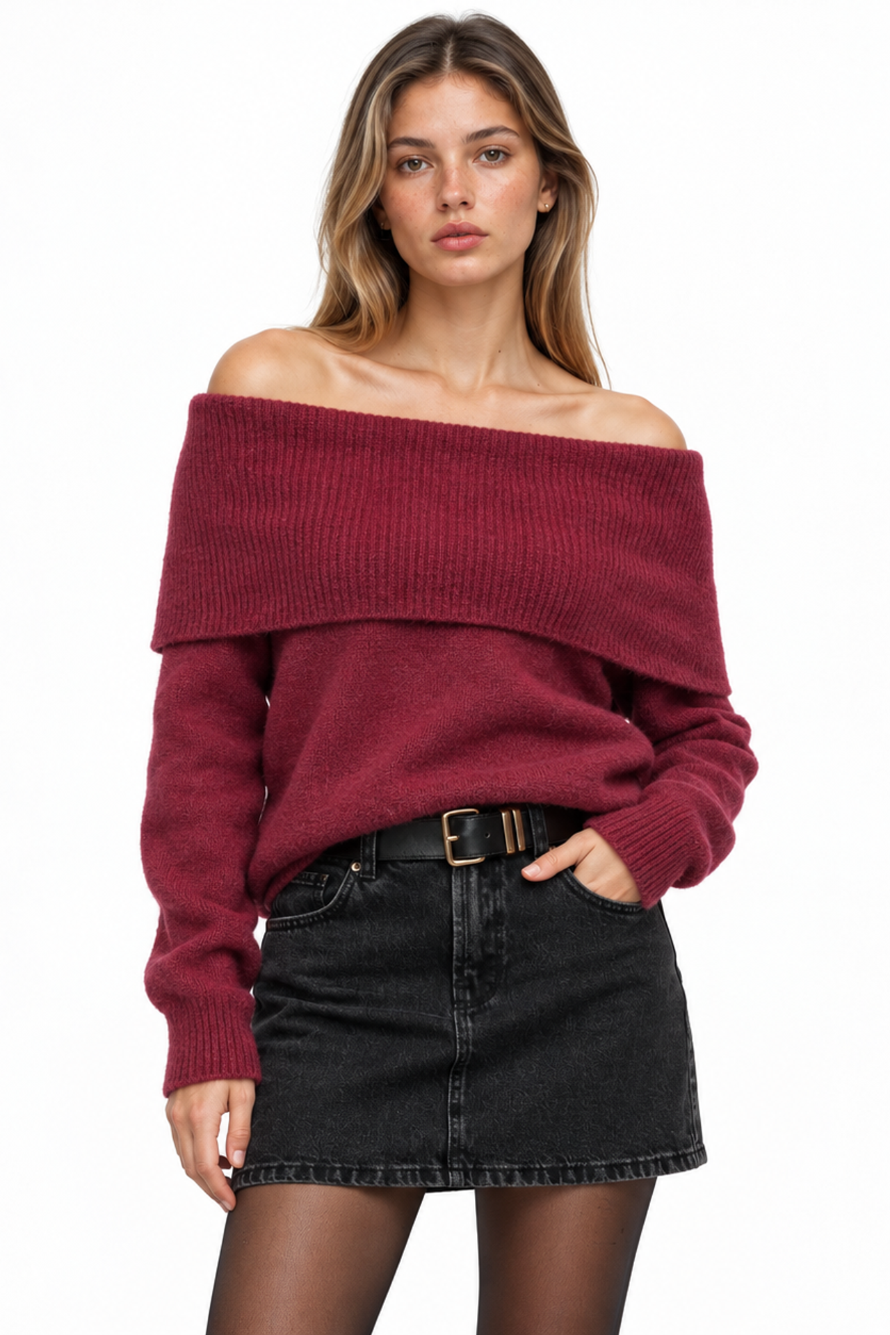 MIXRAY Oversized Ribbed Knitwear Blouse with Madonna Collar 1
