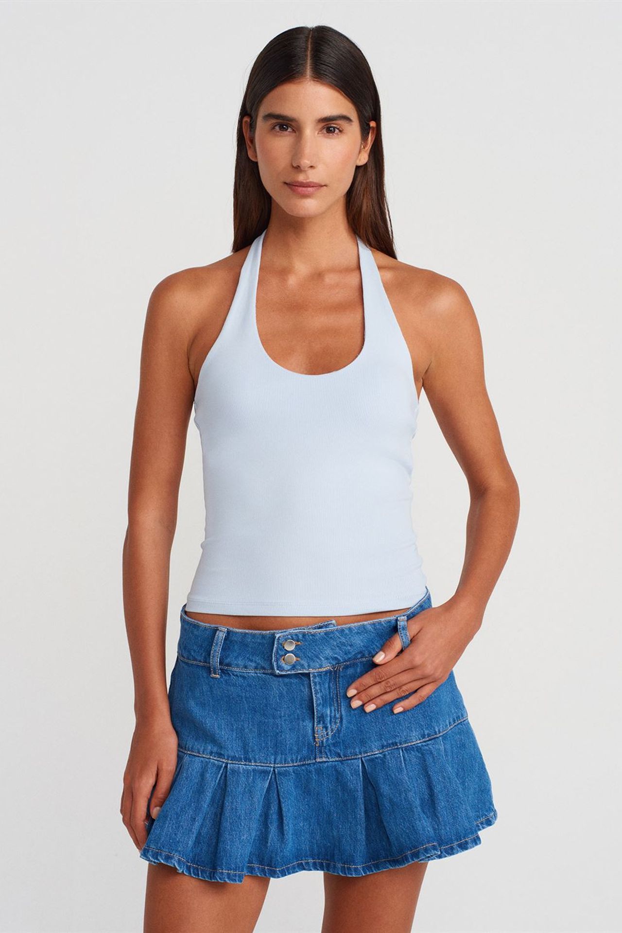 DILVIN Mid-Waist Mini Denim Skater Skirt 4