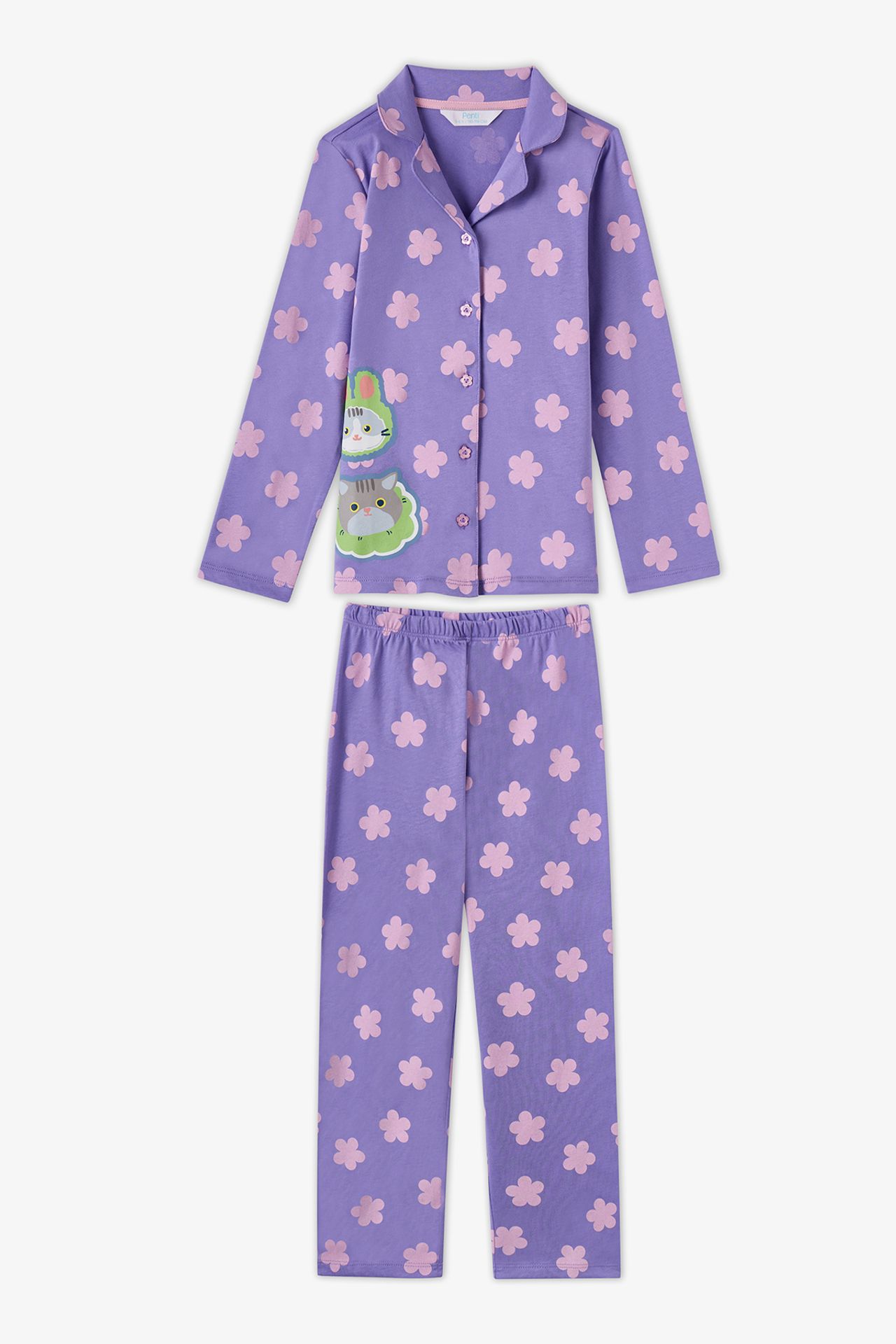 PENTI Girls' Feel Better Cat Print Cotton Buttoned Long Sleeve Shirt Trousers Pajama Set 1