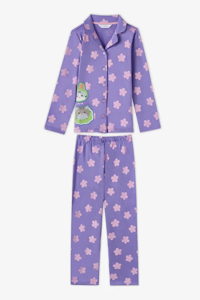 PENTI Girls' Feel Better Cat Print Cotton Buttoned Long Sleeve Shirt Trousers Pajama Set