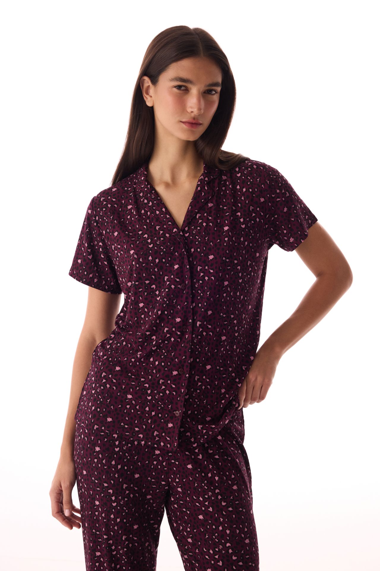 PENTI Leopard Ribbed Short-Sleeve Shirt Trousers Pyjama Set 2