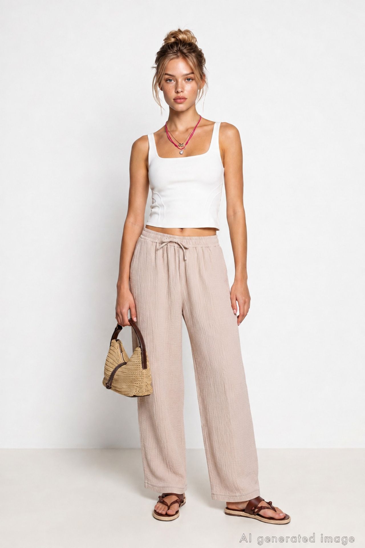 ISTANBUL Wide Leg Drawstring Waist Pants with Binding Detail 1