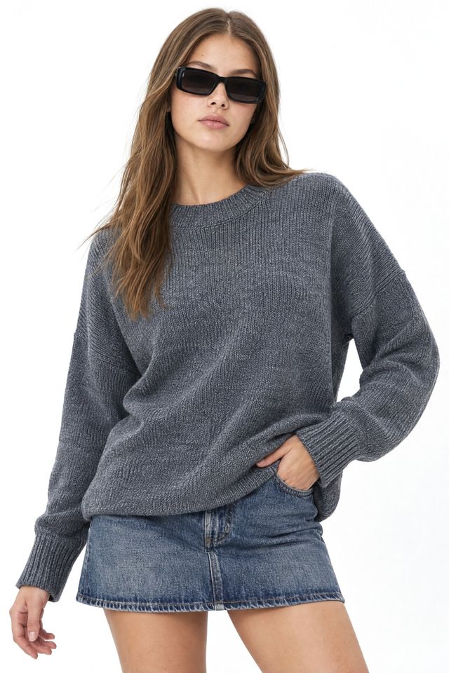 Mixray Oversized Ribbed Knit Sweater with Crew Neck