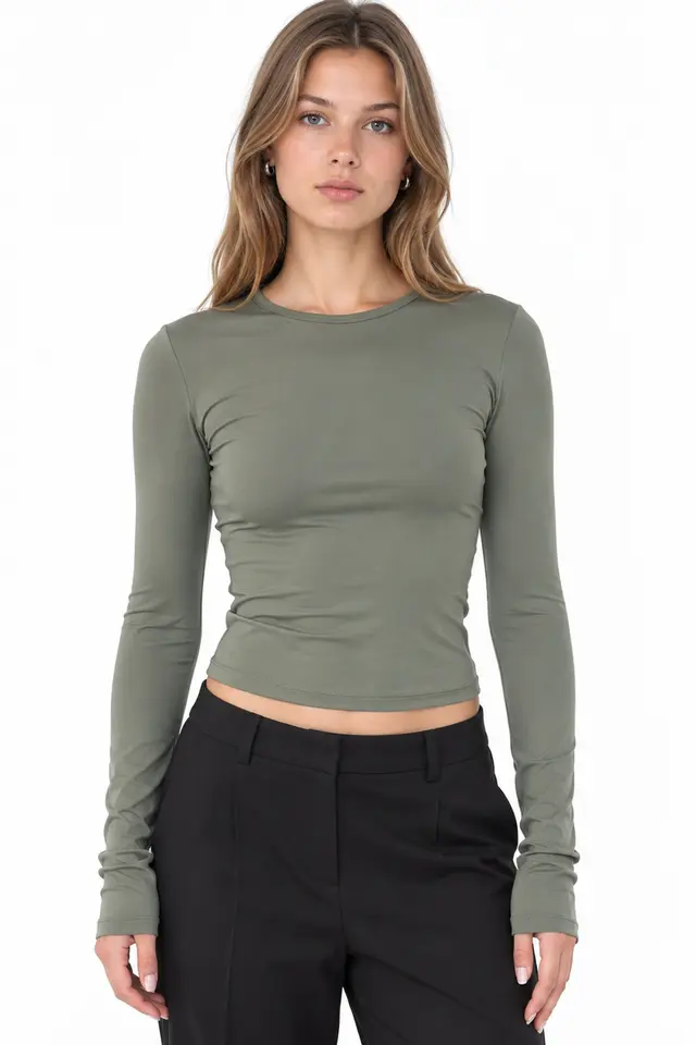 BUSEM Slim Fit Crew Neck Long Sleeve Blouse