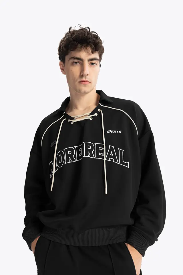 GIESTO Drawstring Neckline Printed Sweatshirt