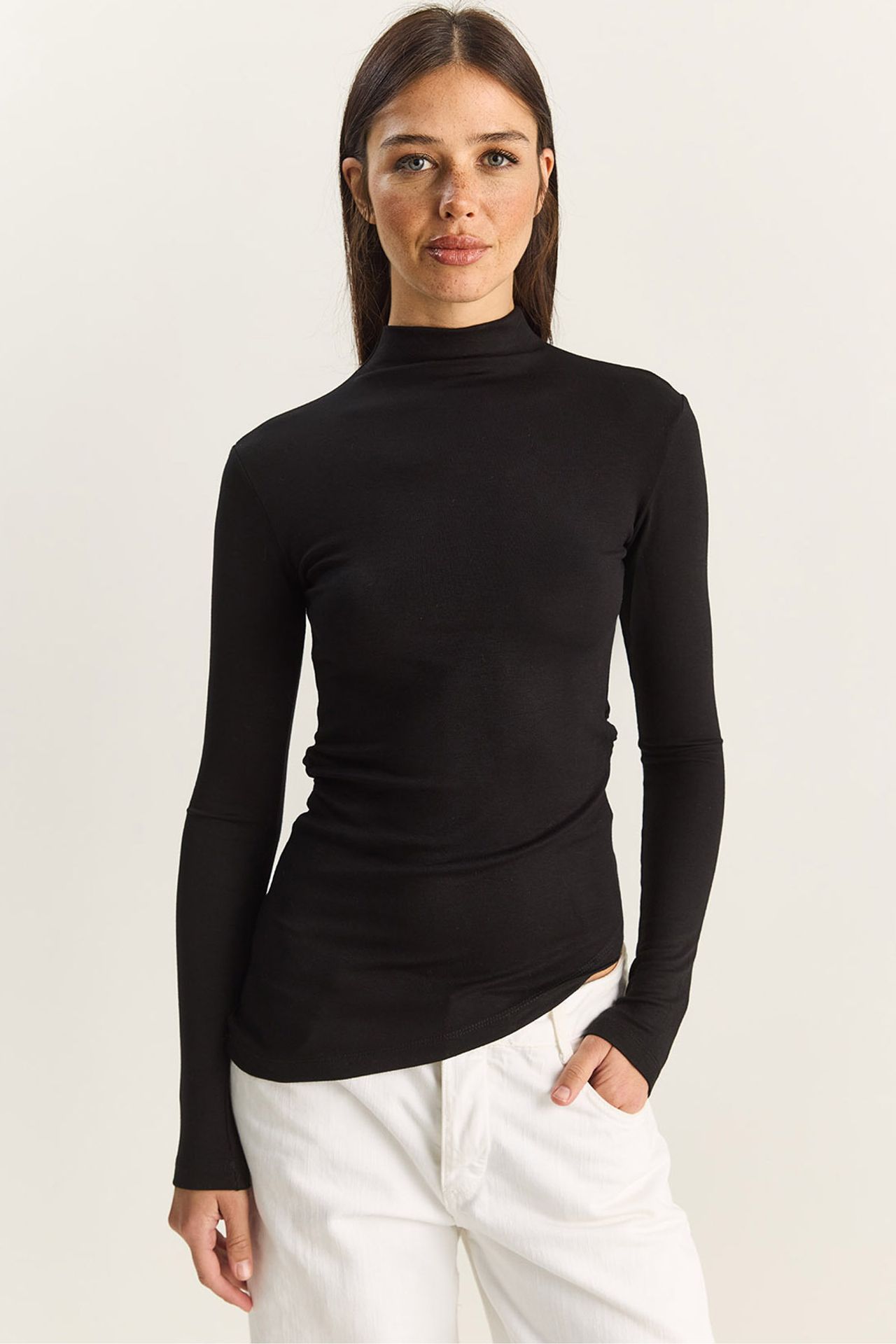 LUCCI Fitted Turtleneck Long Sleeve Blouse with Ruffle Detail 1