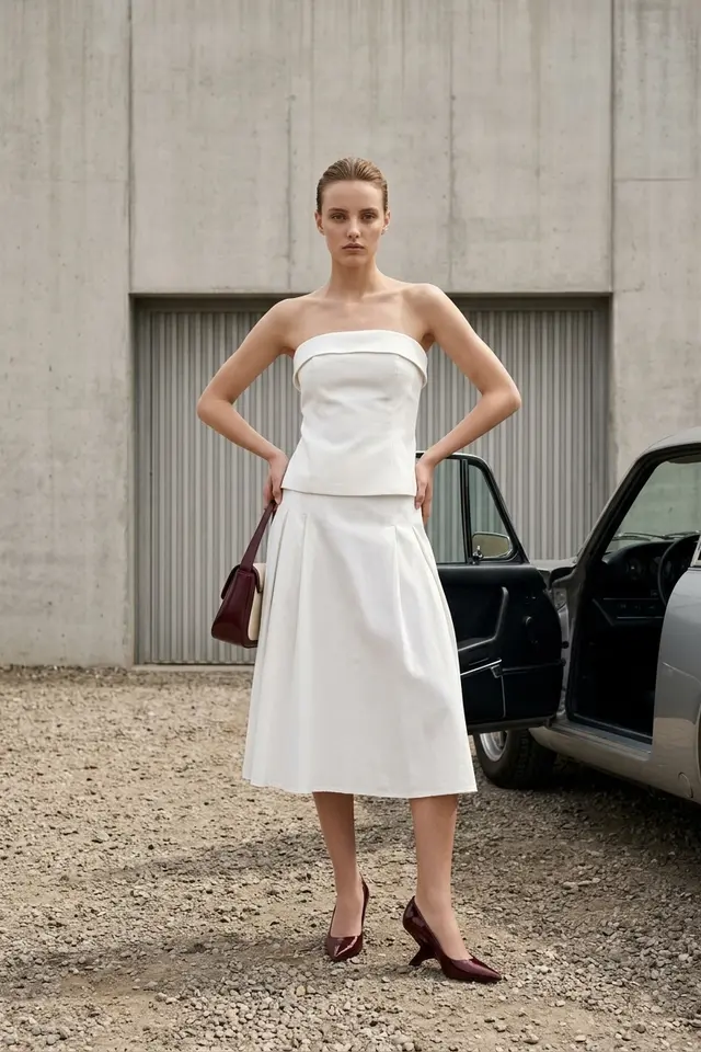 MY FASHION Strapless Blouse and High-Waist Midi Skirt Set