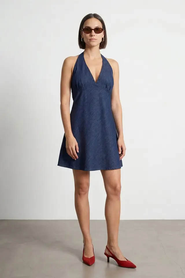 DILVIN Cotton Denim Halter Mini Dress
