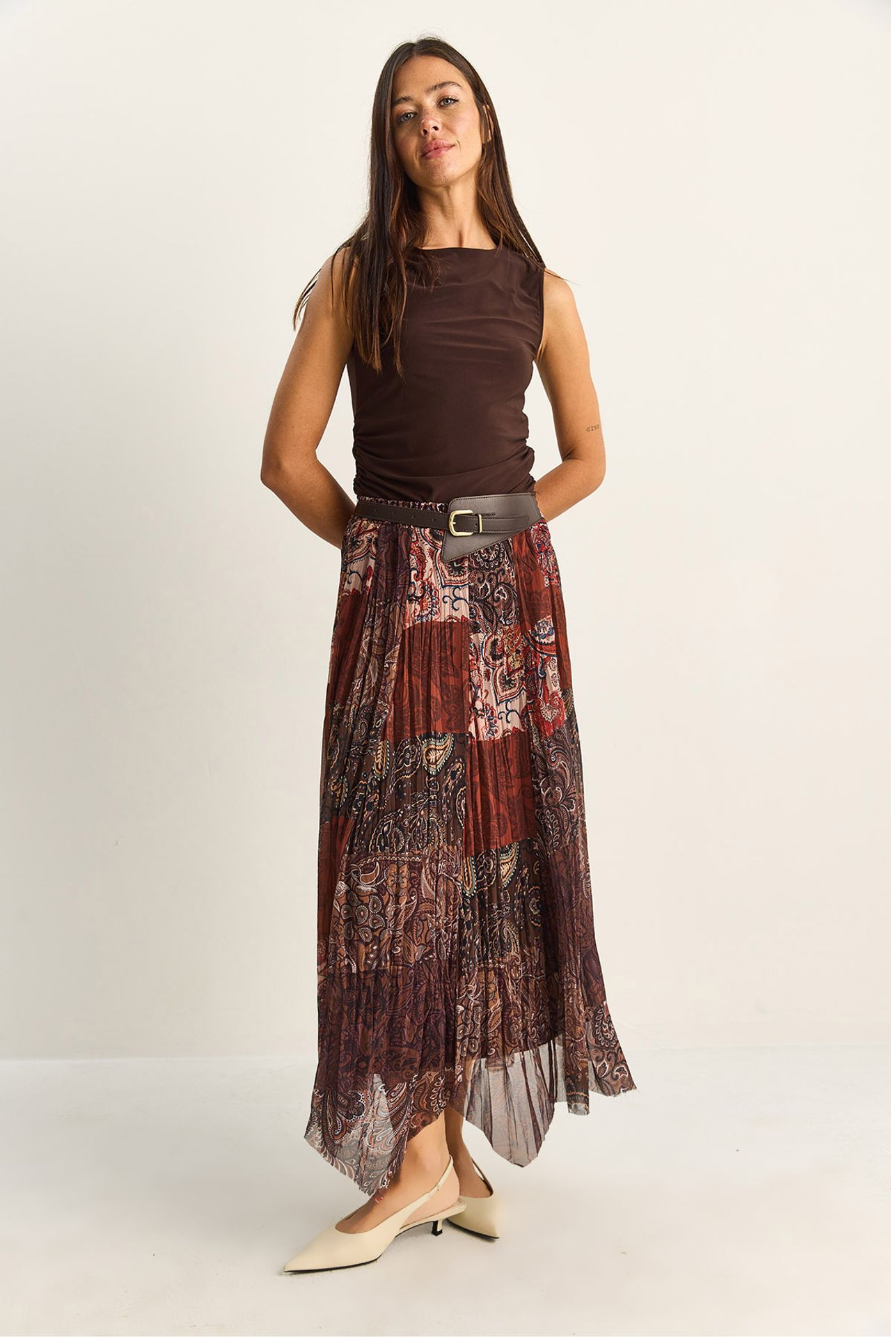LUCCI High Waist Paisley Print Midi Skirt with Belt 4